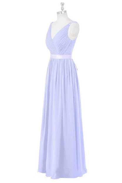 Lavender Chiffon V-Neck Backless A-Line Pleats Long Bridesmaid Dress ﻿