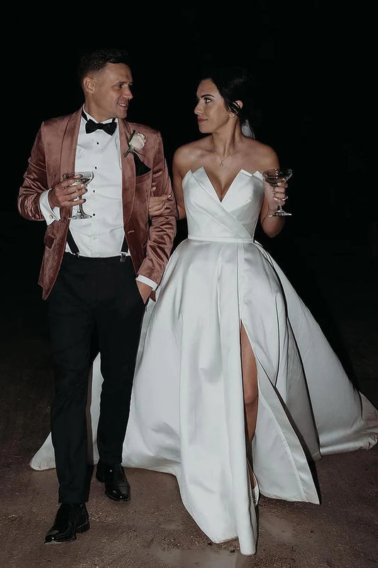 Elegant Strapless Off-the-Shoulder White Satin Ball Gown Wedding Dresses With Slit