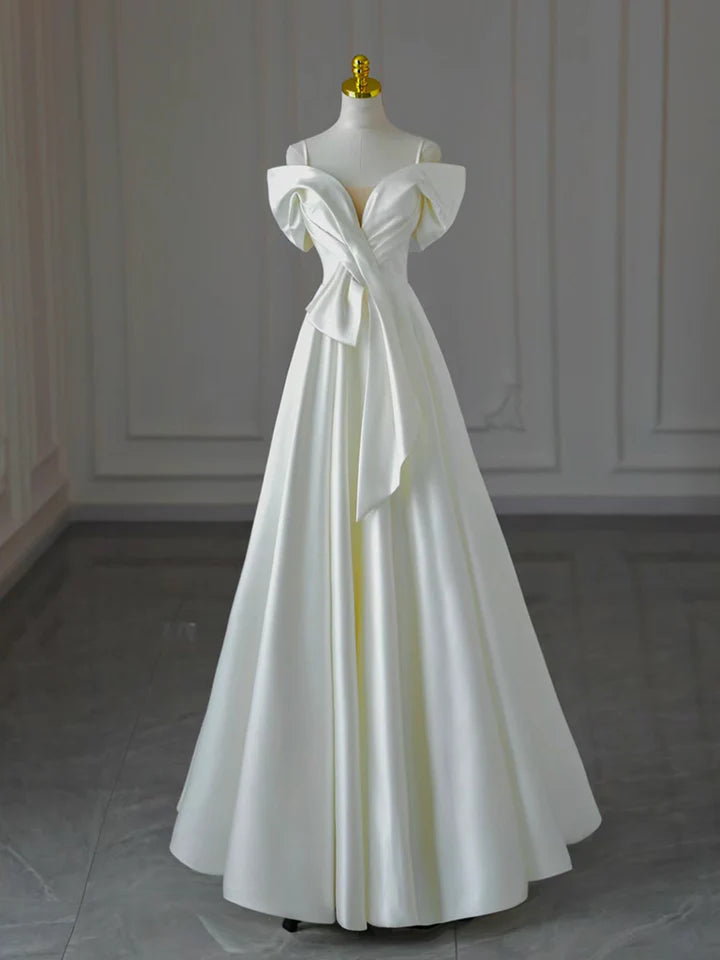 A-Line Off Shoulder Satin Simple White Long Temperament Prom Dress Long Elegant Formal Evening Dress