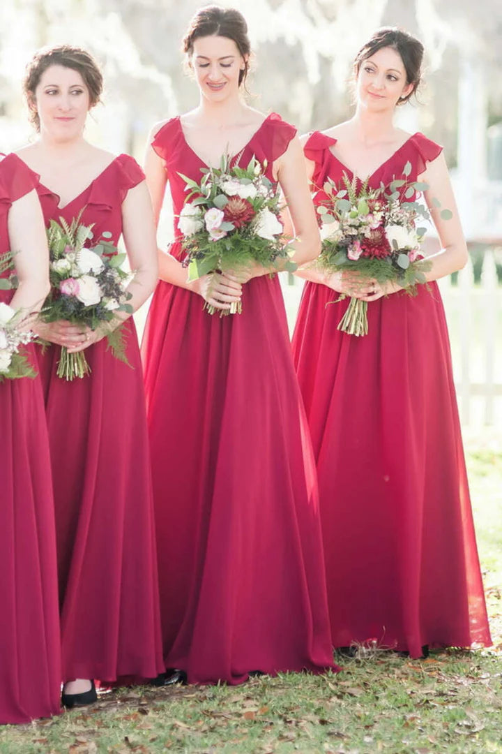 Chiffon Ruffled Straps Long Bridesmaid Dress