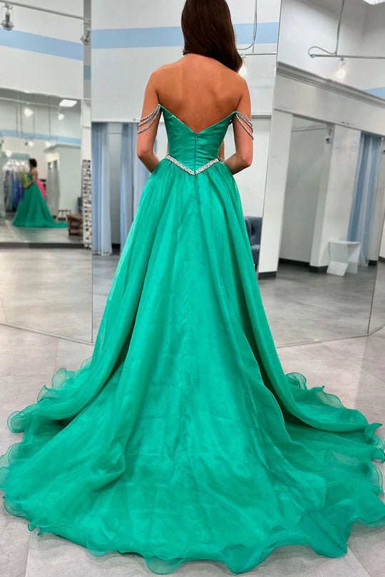 Charming A-Line Strapless Off-the-Shoulder Green Long Prom Dress with Beaded Straps