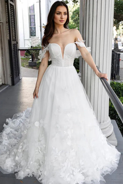 Charming A Line Off-the-Shoulder V Neck Tulle Long Wedding Dresses with Appliques