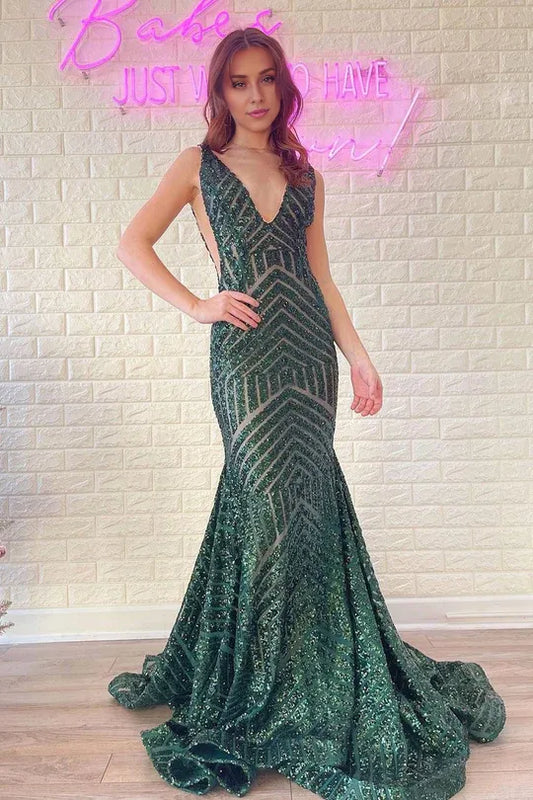 Charming Mermaid V Neck Dark Green Sequins Backless Slim-fit Long Prom Dresses