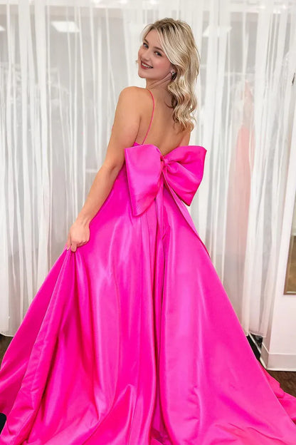 Fuchsia Scoop Neck Spaghetti Strap Satin Back Bow A-Line Prom Dresses
