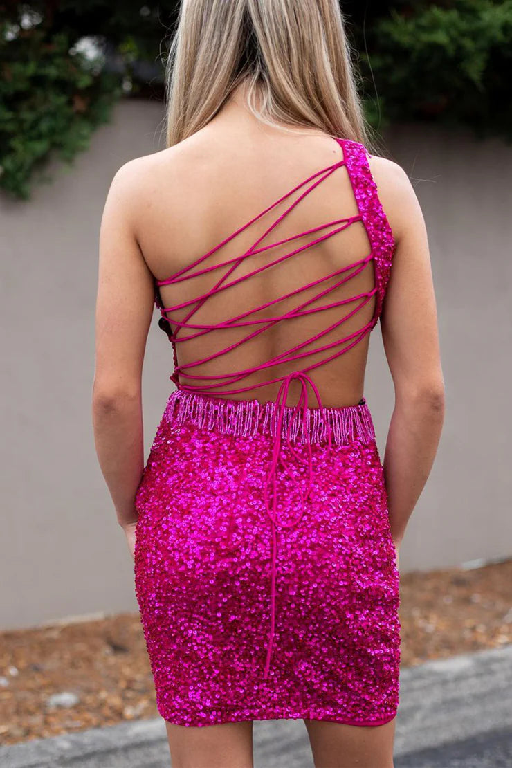 Cute Bodycon One Shoulder Fuchsia Sequins Short Homecoming Dresses with Beading