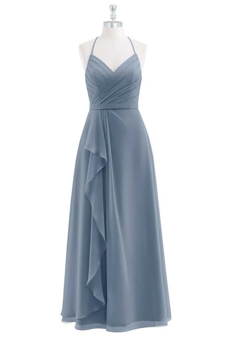 Dusty Blue Chiffon Halter Ruffled Back Cutout A-Line Maid of Honor Dress