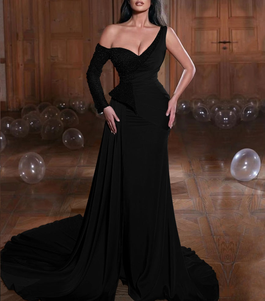 Sheath One Shoulder One Long Sleeve  Sweep/Brush Train Dresses Long Prom Dress With Sequins