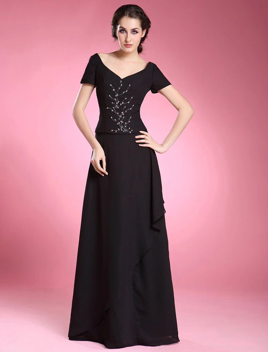 A-Line Dress Formal Evening Floor Length Short Sleeve V Neck Chiffon with Beading Ruffles