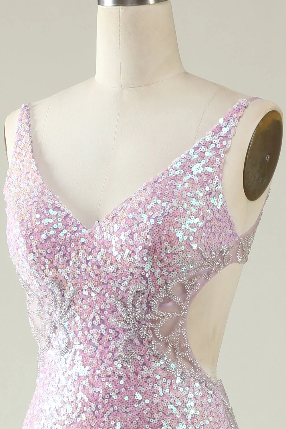 Sheath V Neck Lilac Sequins Backless Long Prom Dress With Split Front