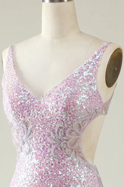 Sheath V Neck Lilac Sequins Backless Long Prom Dress With Split Front