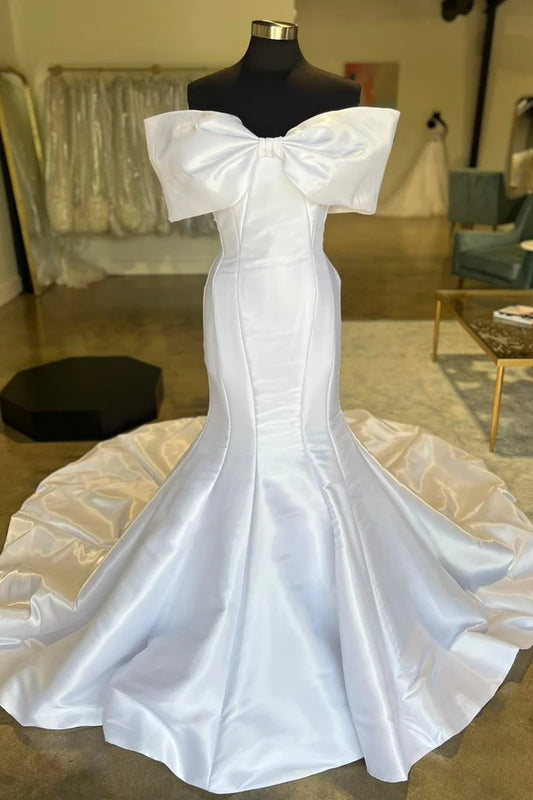 White Satin Off-the-Shoulder Bow Trumpet Wrap The Buttocks Mopping The FloorLong Wedding Dress