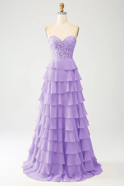 Sky Blue A-Line Off-the-Shoulder Sweetheart Tiered Lace-Up Back Long Prom Dress