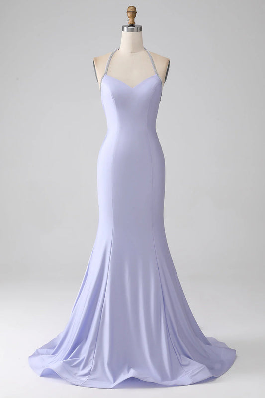 Lilac Mermaid V-Neck Halter Neck Backless Slim-fit Long Prom Dress