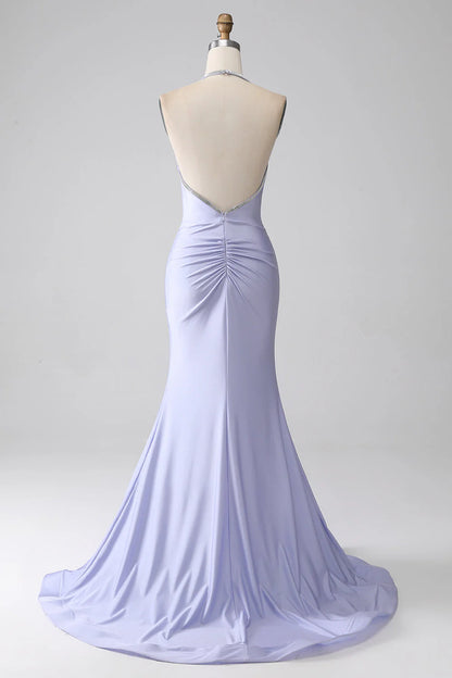Lilac Mermaid V-Neck Halter Neck Backless Slim-fit Long Prom Dress