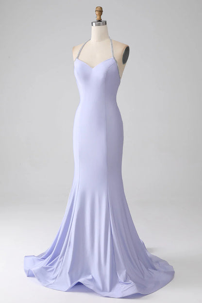 Lilac Mermaid V-Neck Halter Neck Backless Slim-fit Long Prom Dress