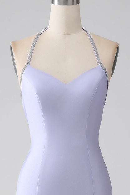 Lilac Mermaid V-Neck Halter Neck Backless Slim-fit Long Prom Dress