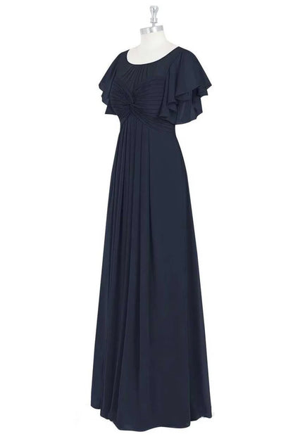 Black Chiffon Crew Neck Ruffled Retract your waist A-Line Bridesmaid Dress