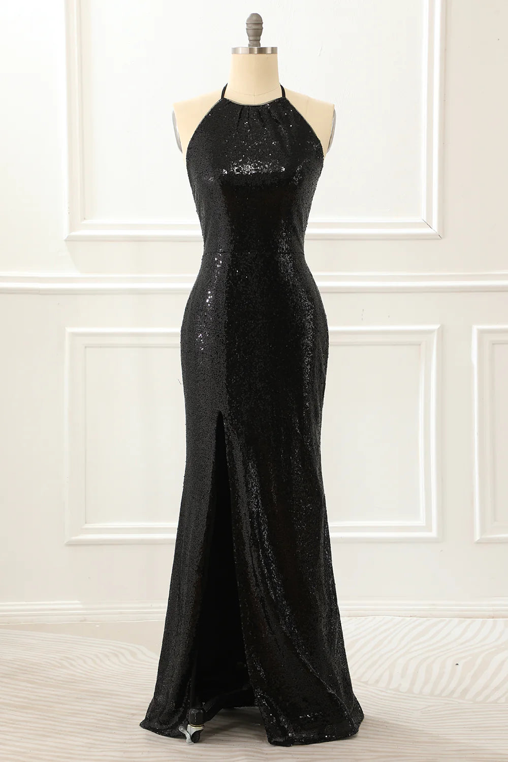 Black Halter Round Neck Strap Sequin Backless Slim-fit Prom Dress with Slit