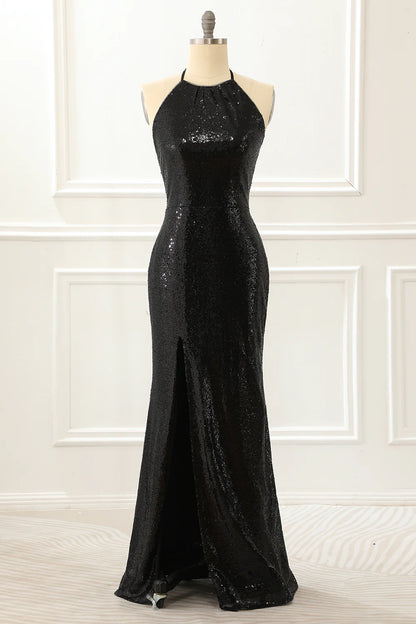 Black Halter Round Neck Strap Sequin Backless Slim-fit Prom Dress with Slit