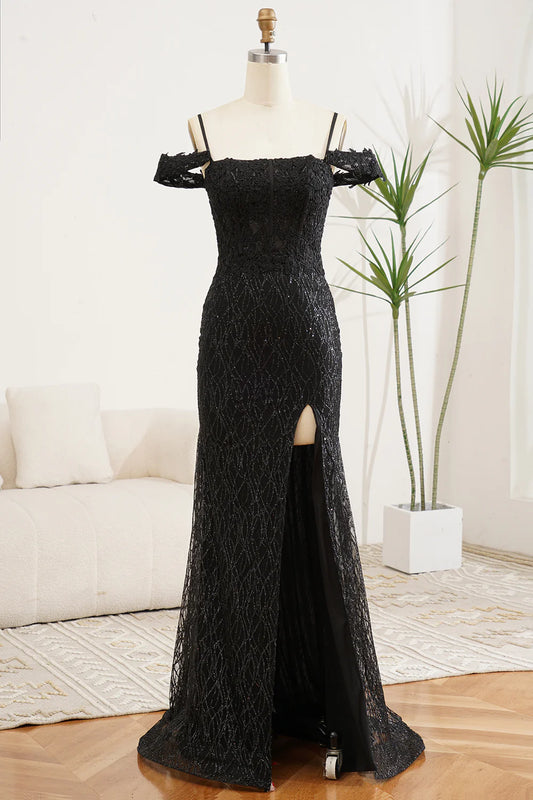 Sparkly Black Square Neck Mermaid Off The Shoulder Slim-fit Prom Dress With Slit ﻿