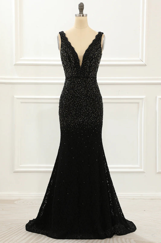 Black Deep V Neck Lace Mermaid Slim-fit Prom Dress with Beading