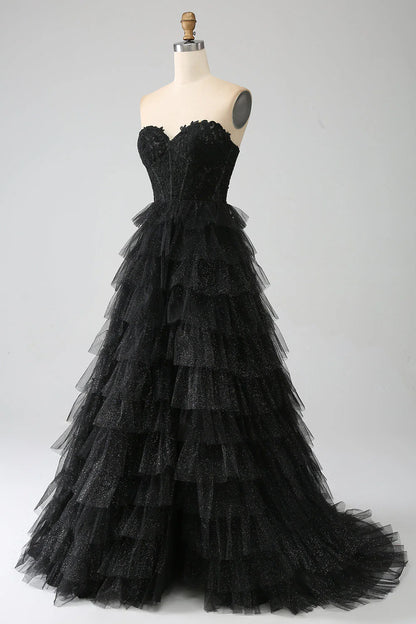Glitter Sweetheart A-Line Off-the-Shoulder Black Corset Floor-Length Prom Dress with Slit