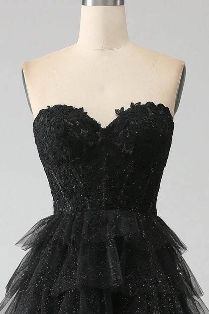 Glitter Sweetheart A-Line Off-the-Shoulder Black Corset Floor-Length Prom Dress with Slit