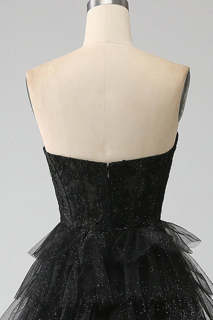 Glitter Sweetheart A-Line Off-the-Shoulder Black Corset Floor-Length Prom Dress with Slit