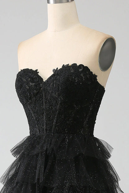 Glitter Sweetheart A-Line Off-the-Shoulder Black Corset Floor-Length Prom Dress with Slit