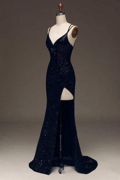 Black V-Neck Sparkly Sequin Spaghetti Strap Mermaid Long Prom Dress With Slit