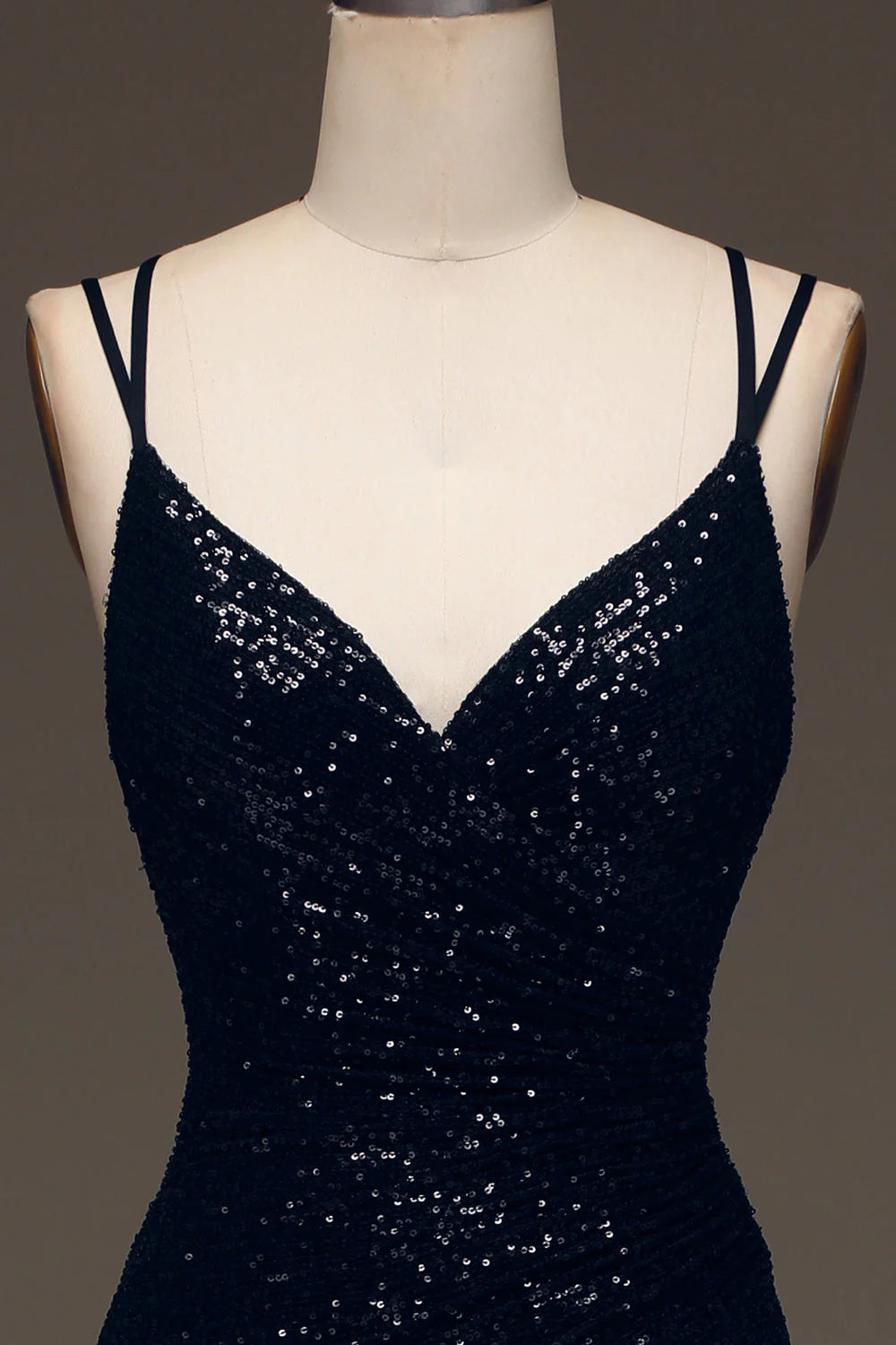 Black V-Neck Sparkly Sequin Spaghetti Strap Mermaid Long Prom Dress With Slit