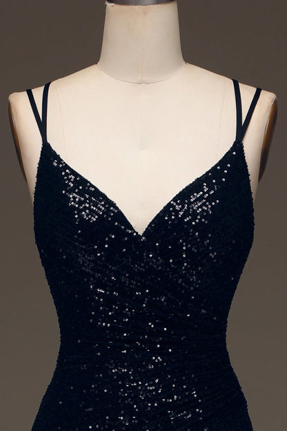 Black V-Neck Sparkly Sequin Spaghetti Strap Mermaid Long Prom Dress With Slit