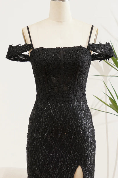 Sparkly Black Square Neck Mermaid Off The Shoulder Slim-fit Prom Dress With Slit ﻿