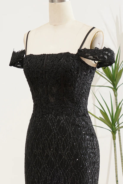 Sparkly Black Square Neck Mermaid Off The Shoulder Slim-fit Prom Dress With Slit ﻿
