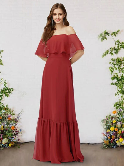 A-Line Bridesmaid Dress Off Shoulder Sleeveless Elegant Floor Length Chiffon with Ruffles