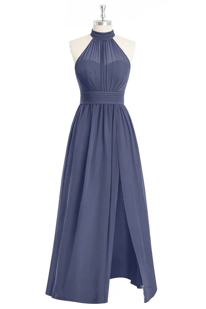 Lavender Chiffon Halter Round neck A-Line Long Bridesmaid Dress