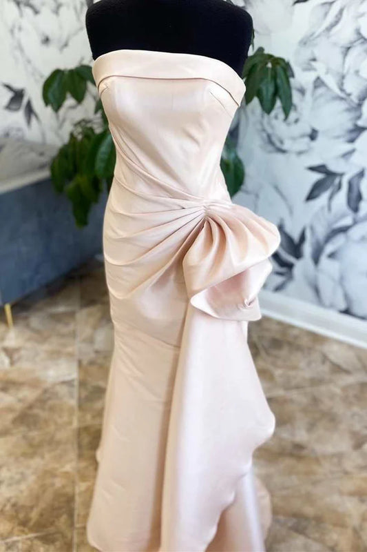 Champagne Satin Strapless Off-the-Shoulder Ruffles Mermaid Long Bridesmaid Dress