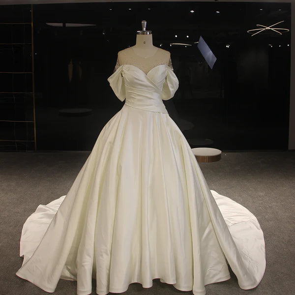 Ivory Off The Shoulder A-Line Beaded Satin Wedding Dresses