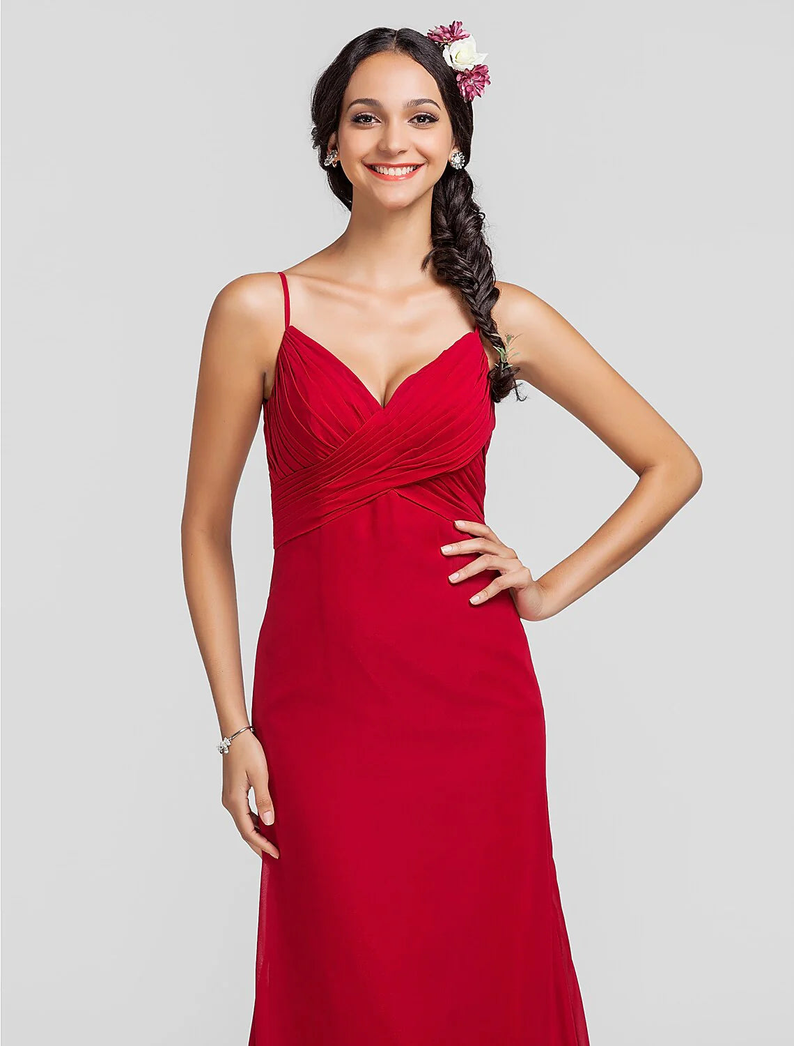 Sheath / Column Spaghetti Strap Floor Length Chiffon Bridesmaid Dress with Criss Cross