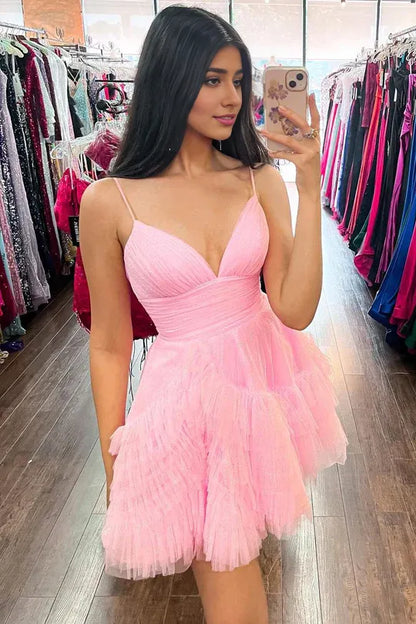 Cute A Line V Neck Spaghetti Strap Pink Tulle Short Homecoming Dresses