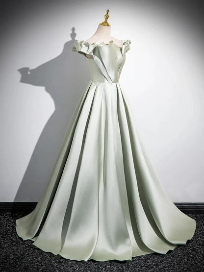 A-Line Tulle Evening Dresses Off Shoulder Satin Long Dress Formal Dress