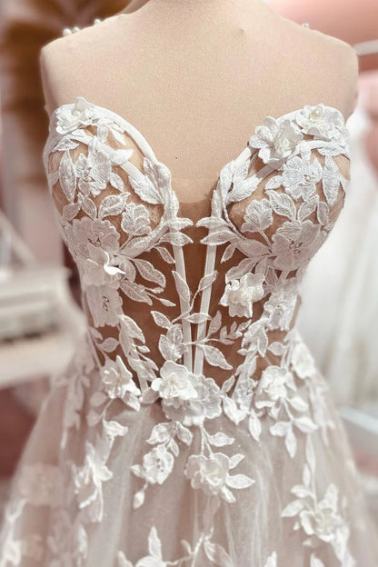Elegant A Line V-Neck Off-the-Shoulder Sweetheart Tulle Wedding Dresses with Appliques