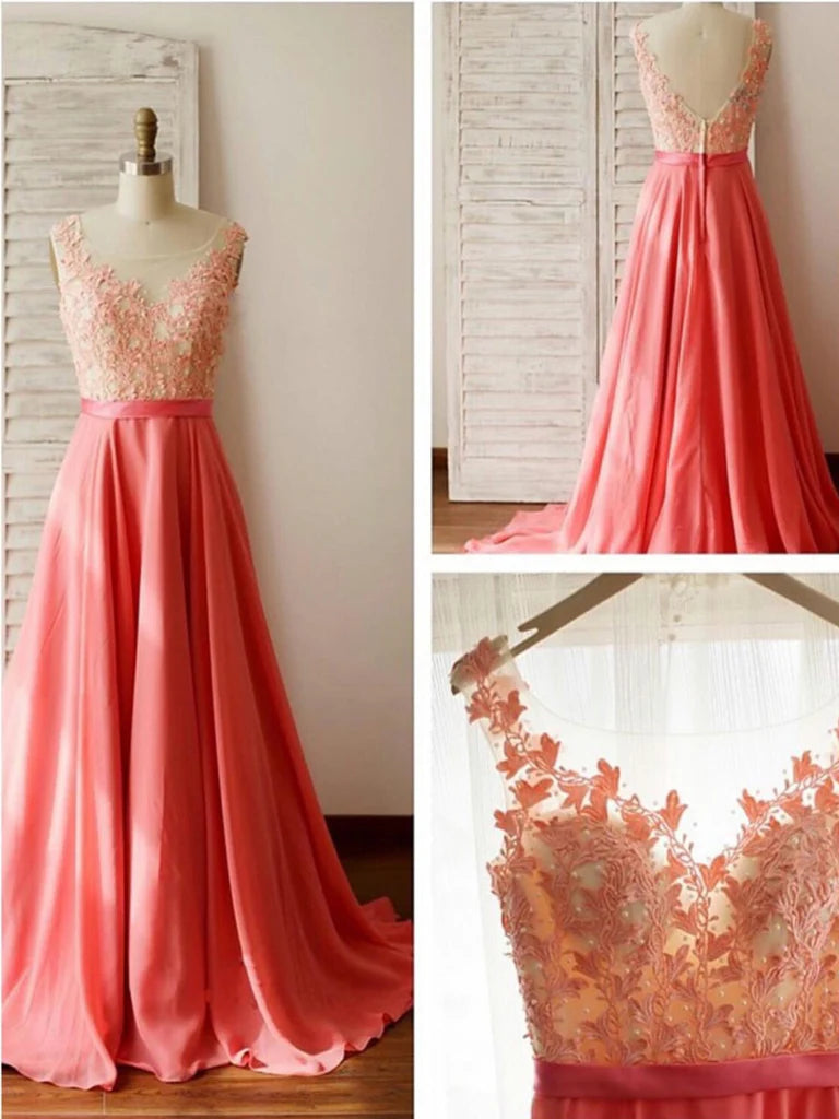 A Line Scoop Neck Coral Long Lace Prom Dress Evening Dresses Bridesmaid Dresses