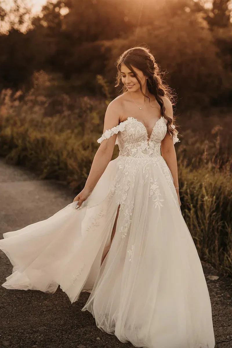 Fairy A Line Off-the-Shoulder V-Neck Sweetheart Tulle  Floor-Length Wedding Dresses with Slit