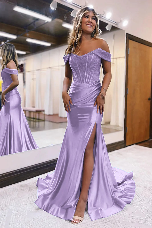 Lilac Mermaid Off The Shoulder Court Train Lace-Up Back Long Dress With Split