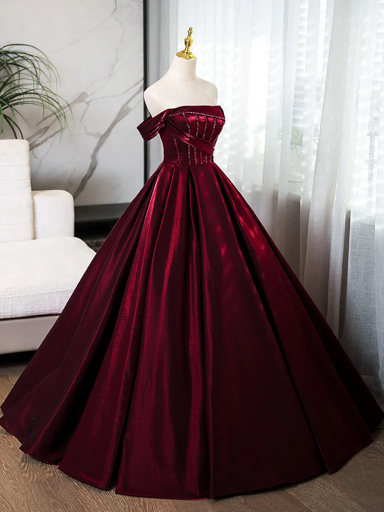 A-Line off Shoulder Satin Long Dress Evening Dress with Beads