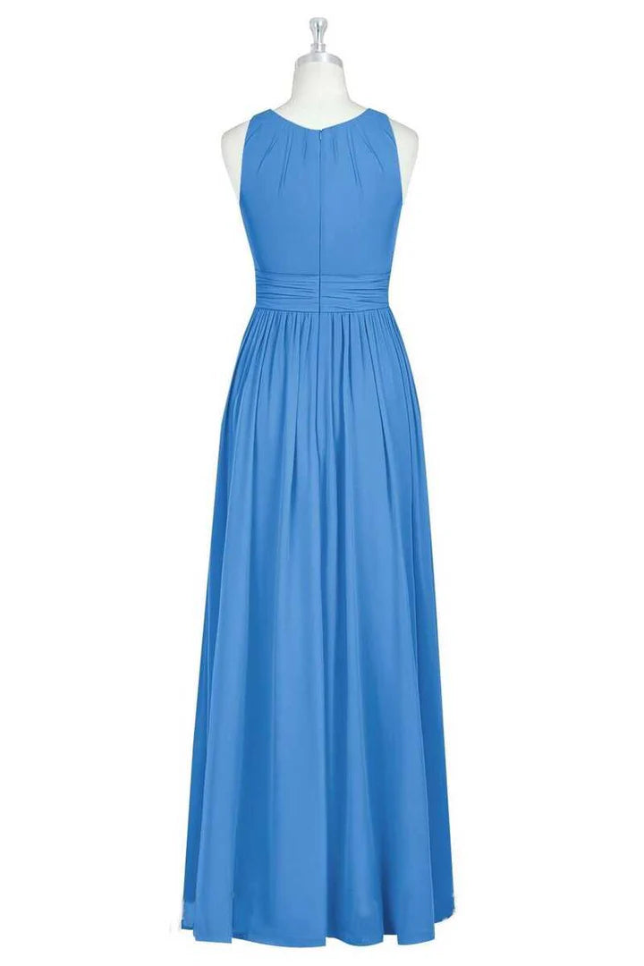 Blue Crew Neck Sleeveless A-Line Pleats Long Maid of Honor Dress