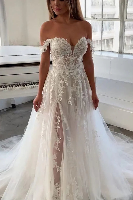 Fairy A Line Off the Shoulder Tulle Lace Split Fork Wedding Dresses with Slit