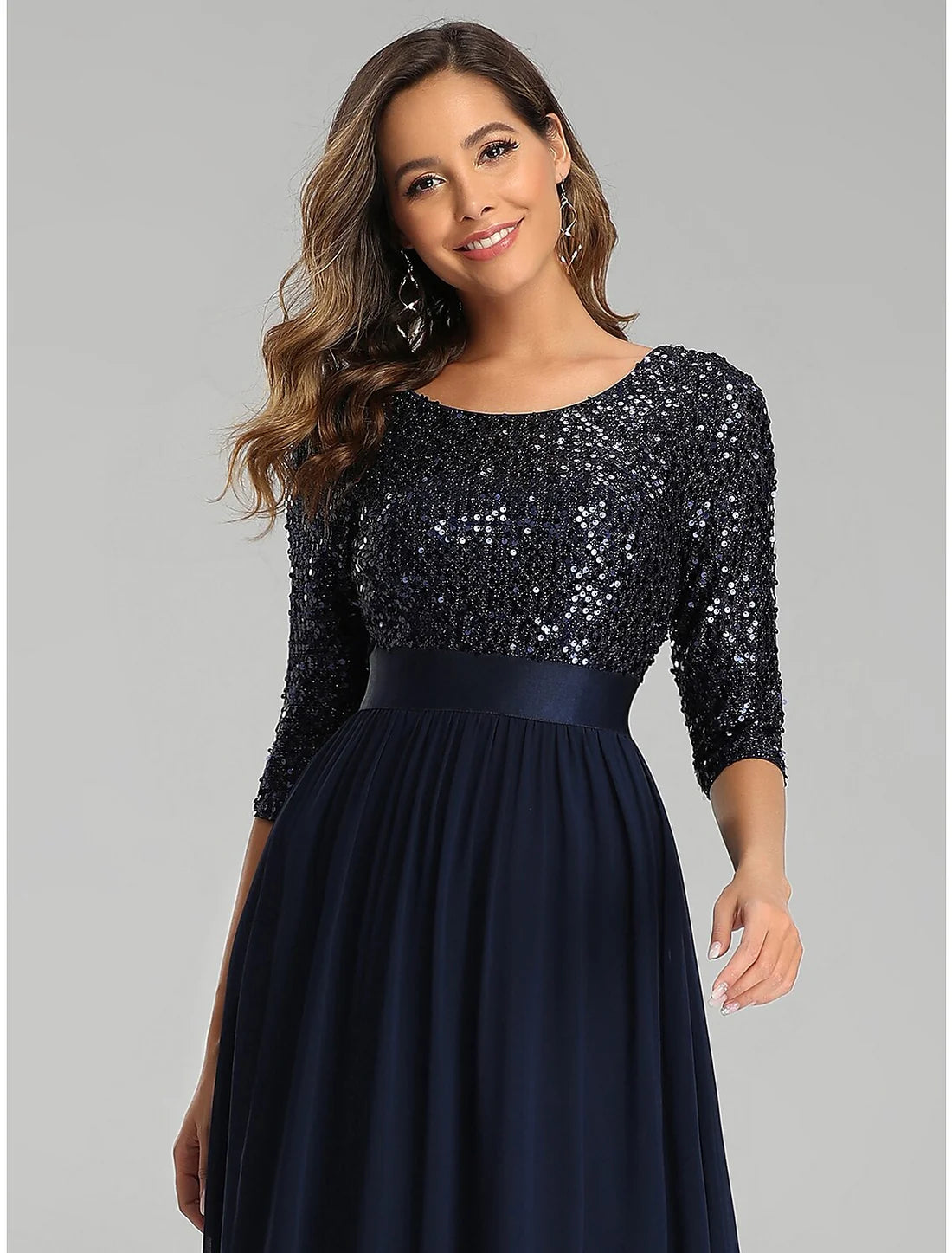 A-Line Elegant Wedding Guest Formal Evening Dress Jewel Neck 3/4 Length Sleeve Floor Length Tulle Sequined with Sequin