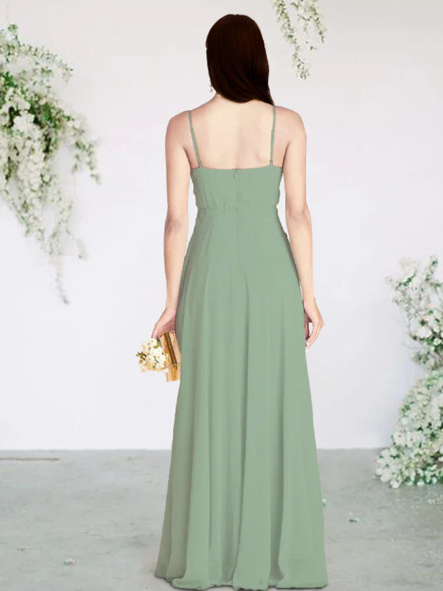 Sheath / Column Bridesmaid Dress Spaghetti Strap Sleeveless Sexy Floor Length Chiffon with Split Front